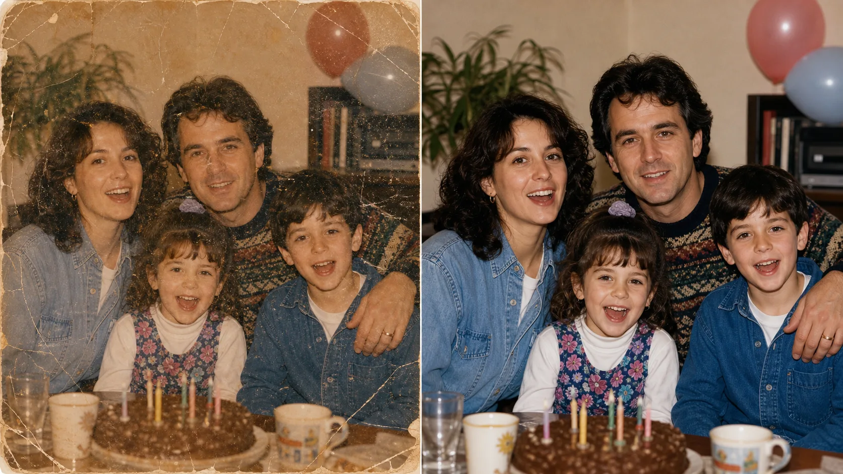 Voor en na voorbeeld van een beschadigde foto uit de jaren 90 die in kleur is gerestaureerd