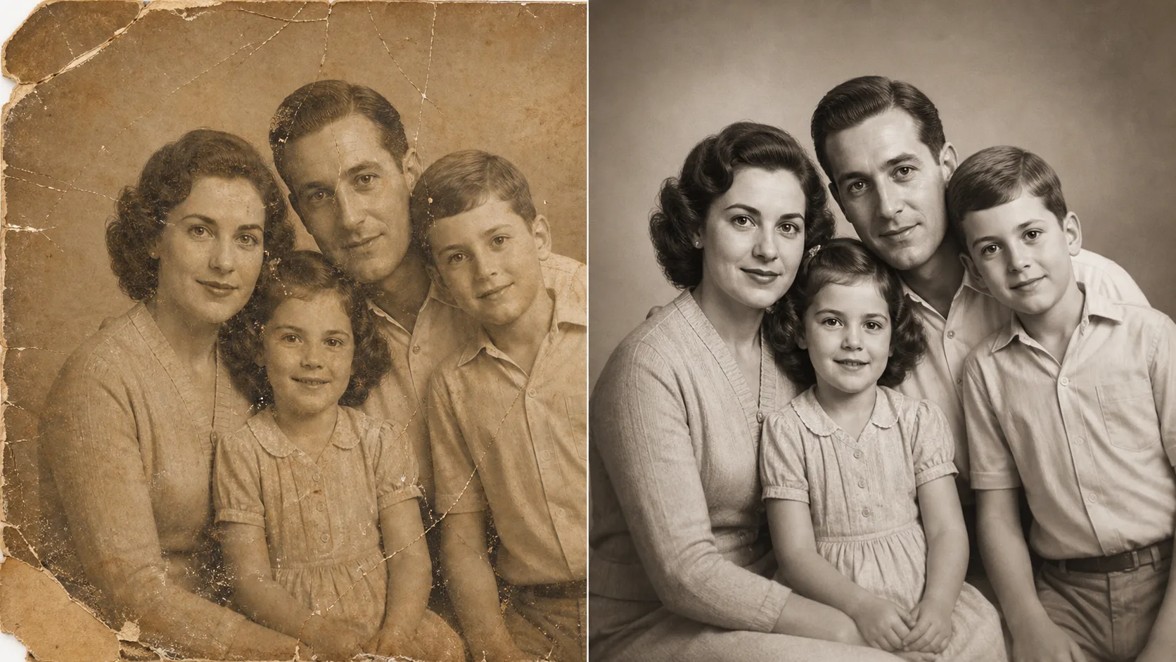 Voor en na voorbeeld van een sterk beschadigde oude foto die verbeterd is