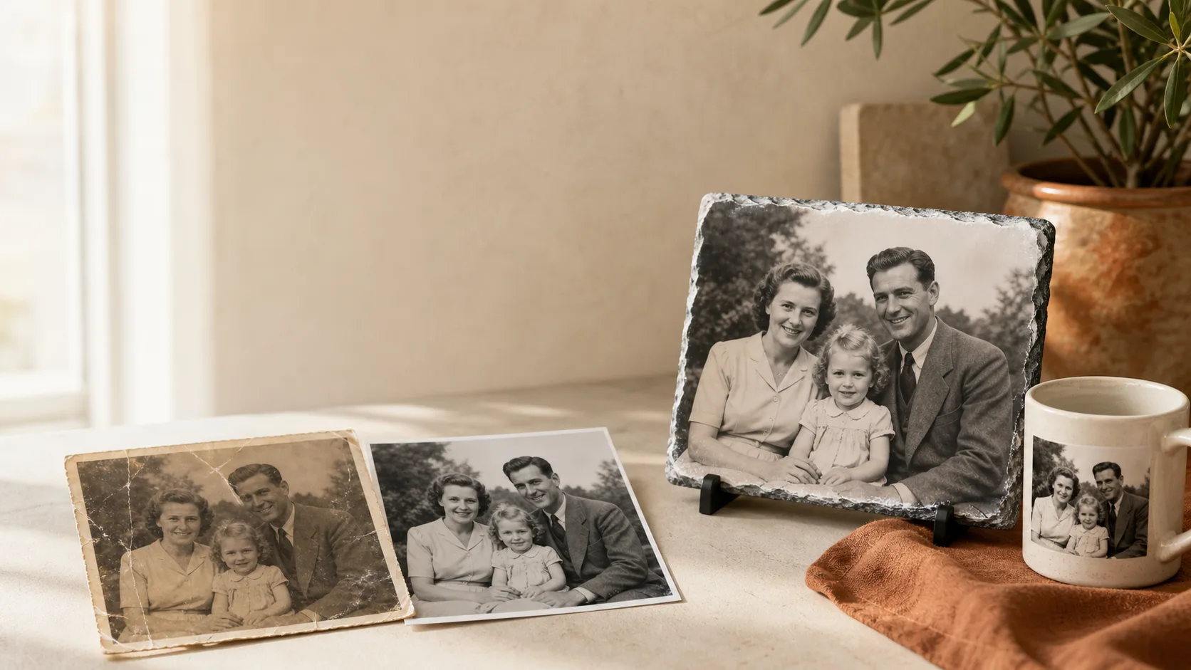 Voorbeeld van een oude foto die verbeterd is en op een persoonlijk fotocadeau staat