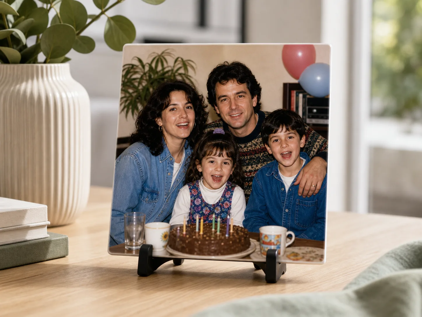 Keramische fototegel met gerestaureerde familiefoto