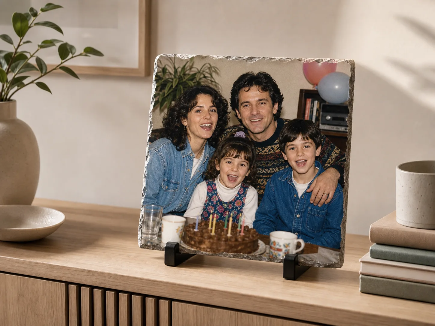 Leisteen fotoplaat met gerestaureerde familiefoto